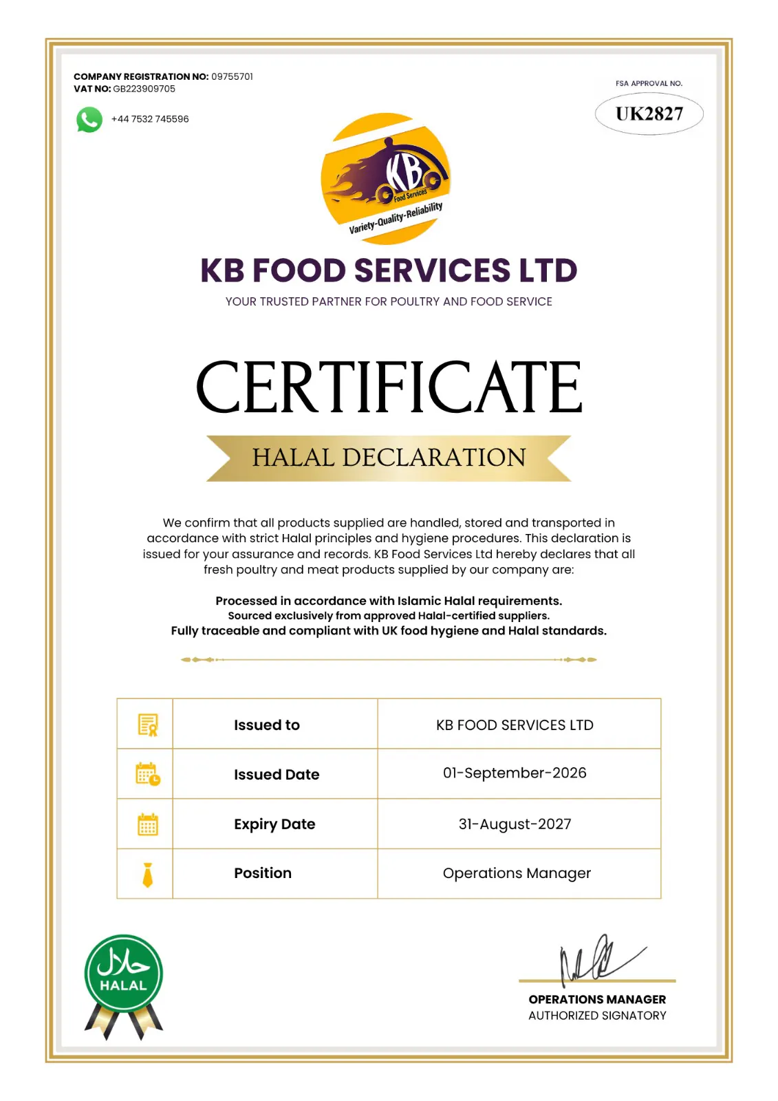 KB Food Services Ltd Halal Declaration certificate, FSA approval UK2827, valid to 31 August 2027